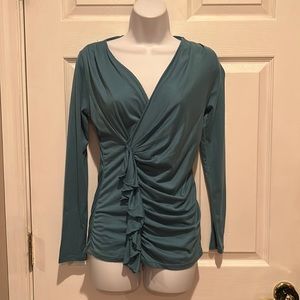 NWT AnnTaylor V-Neck Gathered Aqua Long Sleeve Top Sz XS